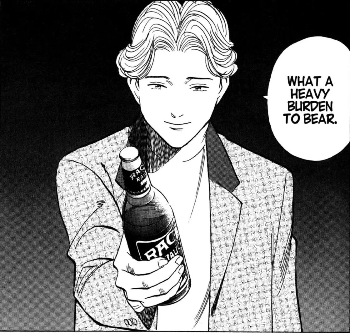 A handsome figure extending a bottle and saying: What a heavy burden to bear.